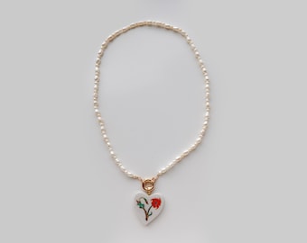 Marble Inlay Heart with Pearl Chain