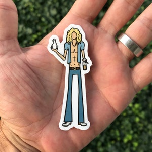 May include: A sticker of a cartoon person with long blonde hair, wearing blue jeans and a blue shirt, holding a white dove in one hand and a spray bottle in the other.