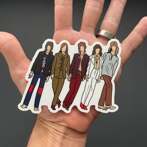May include: A sticker featuring five cartoon figures of people wearing different outfits. The figures are all standing in a row, facing forward. The figures are all outlined in black, and the sticker is on a white background.