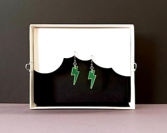 Stormy Monday Green Acrylic Lightning Bolt Earrings with Handmade Packaging