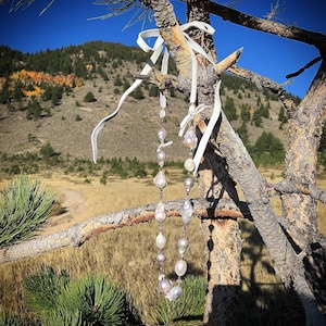 Modern edgy pearl necklace with pyrite, hematite, herkimer diamonds & leather bow tie accents, white adjustable deer lace - &quot;Modern Coco&quot;