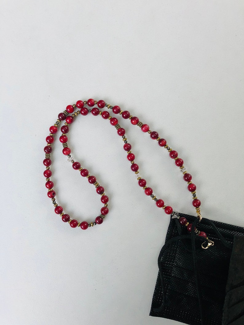 gold fill lobster clasp Beaded Mask Chain with red coral Red Coral Kiss Mask Chain herkimer diamonds and brass spacers