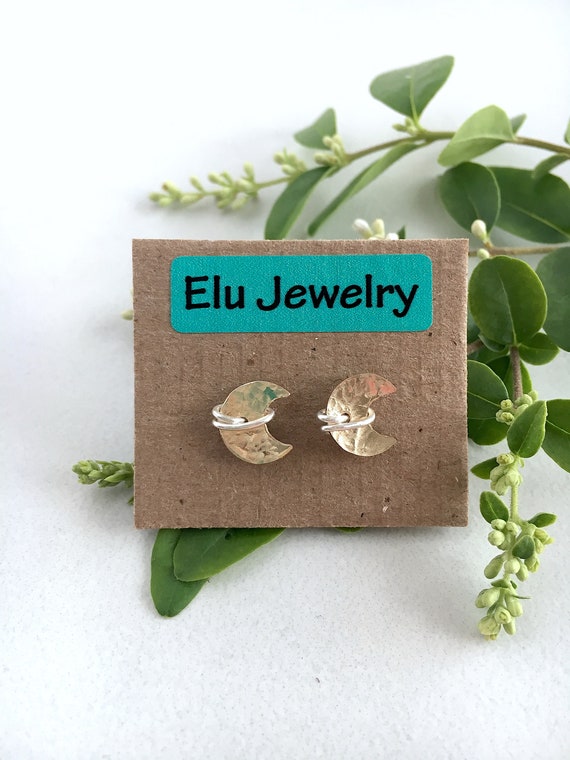 14k Gold Fill or Sterling Silver crescent moon stud earrings with contrasting post, edgy simple design for everyday - "Lasso the Moon Studs"