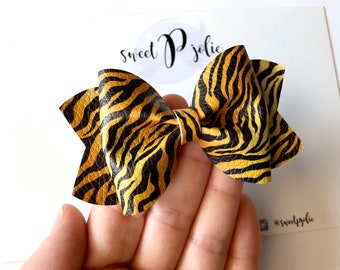 Tiger Print Faux Leather + Glitter Hair Bow // Animal Print Tiger King Hair Clip Headband // Girls Newborn Baby