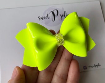 Neon Brightest Yellow Faux Patent Leather + Glitter Hair Bow // Summer Neon Fluorescent Hair Clip Headband // Large Girls Newborn Baby