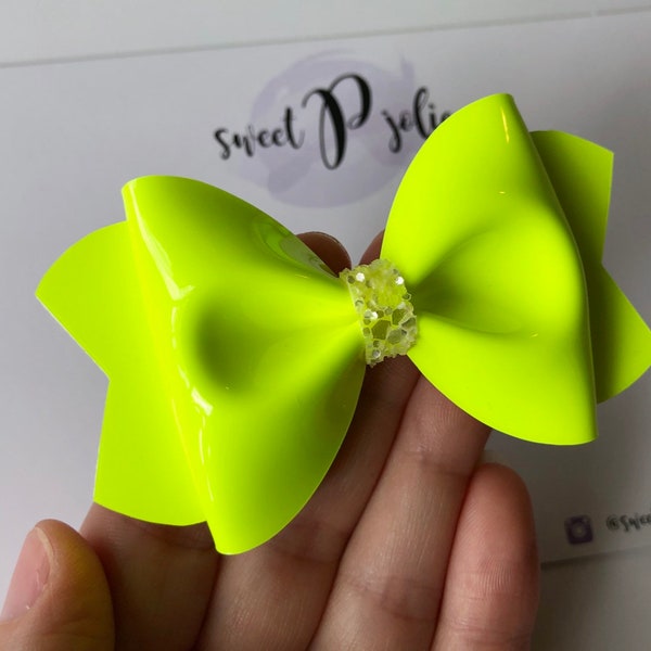 Neon Brightest Yellow Faux Patent Leather + Glitter Hair Bow // Summer Neon Fluorescent Hair Clip Headband // Large Girls Newborn Baby