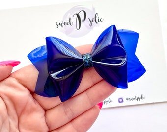 Royal Blue Transparent Jelly + Glitter Hair Bow // Summer Pool Bow Water Resistant Headband Hair Clip // Large Girls Mini Baby Bow