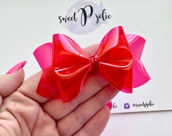 Cherry Red Transparent Jelly + Glitter Hair Bow // Summer Pool Bow Water Resistant Headband Hair Clip // Large Girls Mini Baby Bow