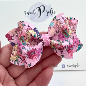 Pink Wizard Girl Inspired Print Faux Leather + Glitter Hair Bow // Wizardry Movie Wizard Boy Character Inspired Print Hair Clip Headband