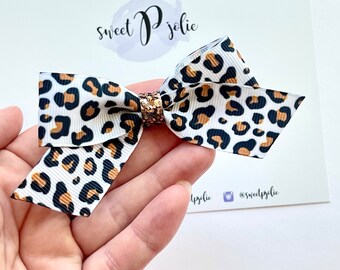 Été Noir Marron + Blanc Leopard Print Ruban + Glitter Hair Bow // Summer Zoo Animal Safari Hair Bow Headband Bow Bows // Girls Large Bow