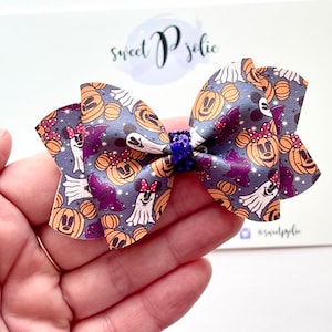 Minnie + Mickey Inspired Ghosts + Pumpkins Print Faux Leather + Glitter Hair Bow // Halloween Inspired Hair Bow // Hair Bow Headband Girls