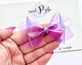 Light Purple Transparent Jelly + Glitter Hair Bow // Summer Pool Bow Water Resistant Headband Hair Clip // Large Girls Mini Baby Bow