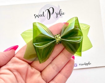 Olive Green Transparent Jelly + Glitter Hair Bow // Summer Pool Bow Water Resistant Headband Hair Clip // Large Girls Mini Baby Bow