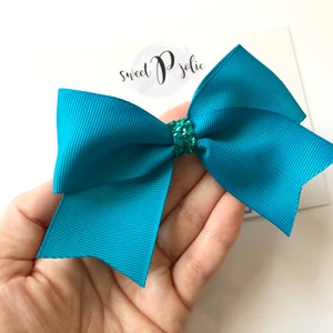 Peacock Teal XL Ribbon + Glitter Hair Bow // Spring Summer Solid Hair Bow Headband Big Bow Hair Clip