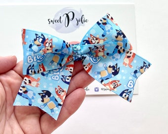 Blue Dog Family Inspired Print on Blue  Background XL Ribbon + Glitter Hair Bow // Character Inspired Hair Bow Headband Large Girls