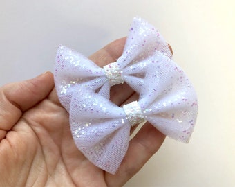 White Glitter Tulle Pigtail Hair Bow Set // Summer Piggie Bows Hair Clips // Pigtail Bows Mini Bows Baby Toddler Bow