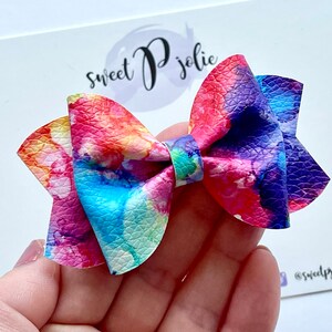Rainbow Watercolor Tie Dye Print Faux Leather + Glitter Hair Bow // Summer Tie Dye Print Hair Clip Headband // Girls Newborn Baby