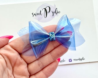 Sky Blue Transparent Jelly + Glitter Hair Bow // Summer Pool Bow Water Resistant Headband Hair Clip // Large Girls Mini Baby Bow