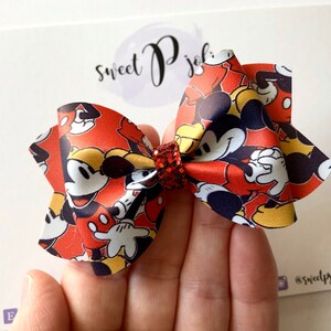Red Mickey Mouse Inspired Print Faux Leather + Glitter Hair Bow // Disneyland Disney Hair Clip Headband Girls Baby Toddler