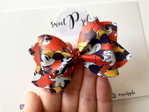 Red Mickey Mouse Inspired Print Faux Leather + Glitter Hair  display picture 1
