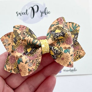 Yellow Wizard School Inspired Crest Print Faux Leather + Glitter Hair Bow // Wizardry Movie Wizard Boy Character Inspired Print Hair Clip