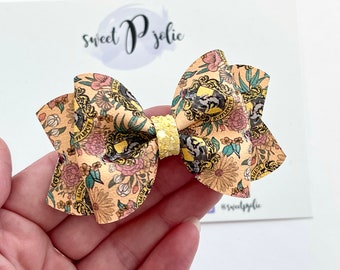 Yellow Wizard School Inspired Crest Print Faux Leather + Glitter Hair Bow // Wizardry Movie Wizard Boy Character Inspired Print Hair Clip