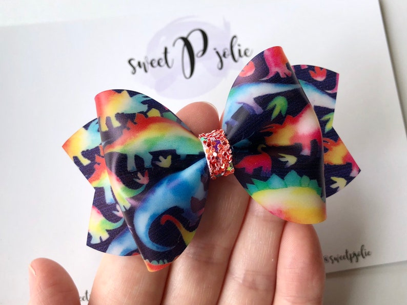 Watercolor Dinosaur Jelly Glitter Hair Bow Dino Print Headband Hair Clip Girls Toddler Baby Bow Headband
