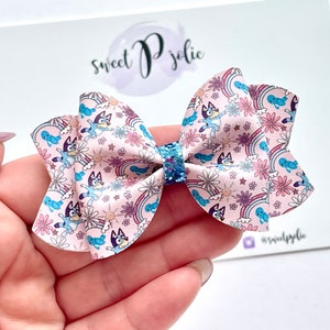 Blue Dog Family Inspired Pink Rainbows + Butterflies Print Faux Leather + Glitter Hair Bow // Blue Dog Character Inspired Print Headband