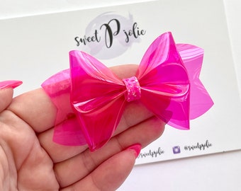 Neon Dark Pink Transparent Jelly + Glitter Hair Bow // Summer Pool Bow Water Resistant Headband Hair Clip // Large Girls Mini Baby Bow