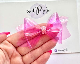 Princess Pink Transparent Jelly + Glitter Hair Bow // Summer Pool Bow Water Resistant Headband Hair Clip // Large Girls Mini Baby Bow