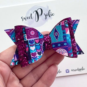 Small World Inspired Pattern Print Faux Leather + Glitter Double Layer Hair Bow // Hair Clip Headband Toddler