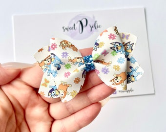 Blue Dog Family Inspired Colorful Daisies Print Faux Leather + Glitter Hair Bow // Blue Dog Character Inspired Print Hair Clip Headband