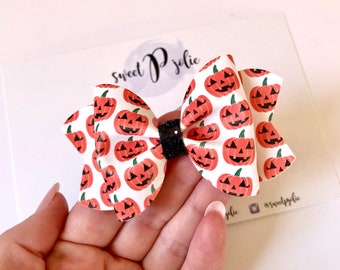 Pumpkin Cuties Print Faux Leather + Glitter Hair Bow //  Halloween Headband Hair Clip // Girls Toddler Baby Bow Headband