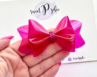 Fruit Punch Pink Transparent Jelly + Glitter Hair Bow // Summer Pool Bow Water Resistant Headband Hair Clip // Large Girls Mini Baby Bow