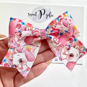 Marie Inspired Bright Floral Print XL Ribbon + Glitter Hair Bow // Disney Character Print Hair Bow Headband