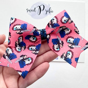 Michael M Inspired Character Toss Print XL Ribbon + Glitter Hair Bow // Halloween Girls Newborn Baby Toddler Bow