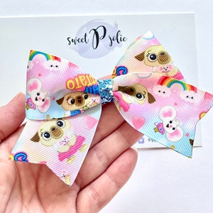 Chip and Potato Inspired Character Rainbow Print XL Ribbon + Glitter Hair Bow // Character Inspired Hair Bow Headband
