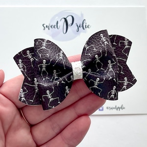 Spooky Skeletons Print Faux Leather + Glitter Hair Bow //  Halloween Headband Hair Clip // Girls Toddler Bow Headband