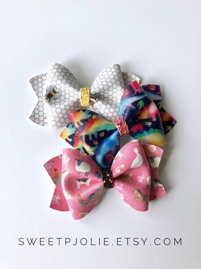 Watercolor Dinosaur Jelly Glitter Hair Bow Dino Print Headband Hair Clip Girls Toddler Baby Bow Headband