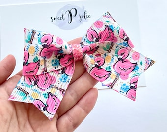 Bright Summer Pink Flamingos Print XL Ribbon + Glitter Hair Bow // Summer Hair Bow Headband Big Bow Hair Clip