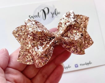 Rose Gold Chunky Glitter Hair Bow // Wedding Christmas Fall Winter Holiday Headband Hair Clip // Girls Mini Newborn Baby Toddler Large Bow