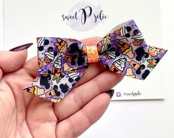 Purple Minnie + Mickey Inspired Halloween Treats Print XL Ribbon + Glitter Hair Bow // Halloween Large Girls Newborn Baby Toddler Bow