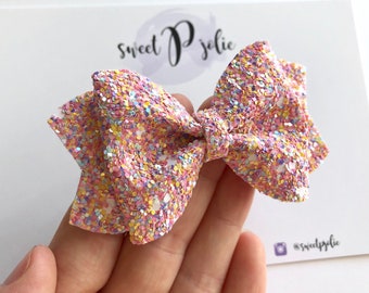 Ice Cream Truck Chunky Glitter Hair Bow // Pastel Rainbow Spring Easter Glitter Headband Hair Clip // Large Girls Mini Newborn Baby Bow