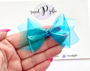 Bright Blue Transparent Jelly + Glitter Hair Bow // Summer Pool Bow Water Resistant Headband Hair Clip // Large Girls Mini Baby Bow