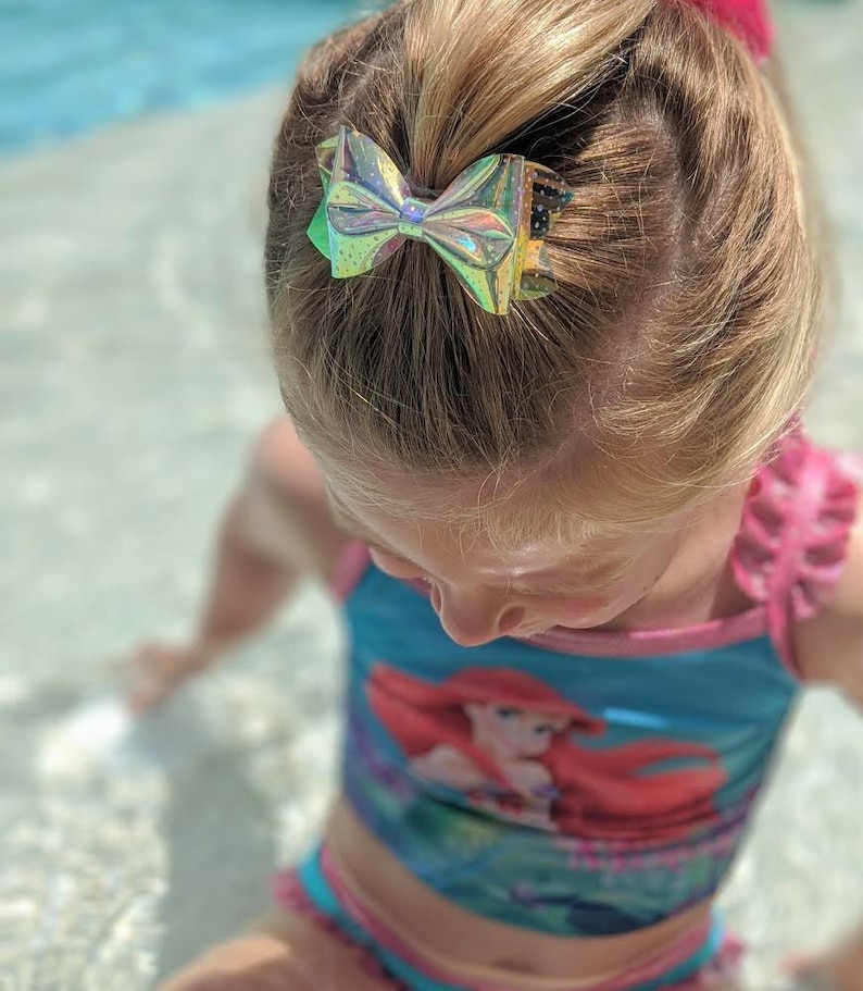 Summer Mermaid Sparkle Holographic Transparent Pool Bow // Jelly Water Bow Summer Pool Bow Waterproof Headband Hair Clip image 7