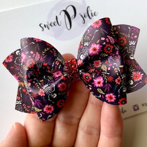 Floral Skeleteons Print Faux Leather + Glitter Hair Bow //  Halloween Headband Hair Clip // Girls Toddler Baby Bow Headband
