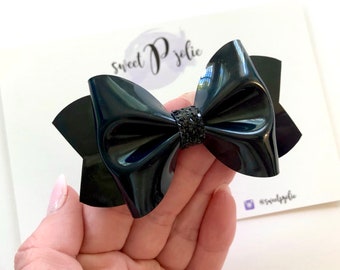 Black Faux Patent Leather + Glitter Hair Bow // Black Holiday Valentines Day Hair Clip Headband // Large Girls Newborn Baby Toddler Mini Bow