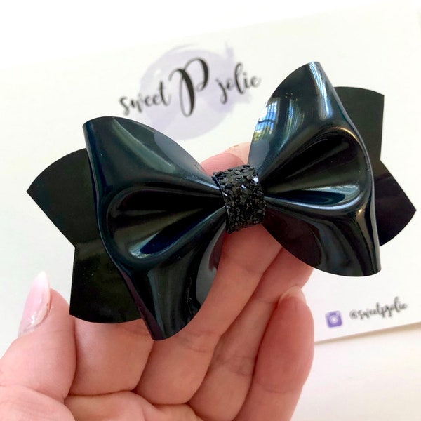 Black Faux Patent Leather + Glitter Hair Bow // Black Holiday Valentines Day Hair Clip Headband // Large Girls Newborn Baby Toddler Mini Bow