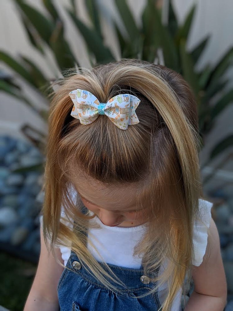 Peter Rabbit Inspired Print Faux Leather Glitter Hair Bow Spring Easter Bunny Hair Clip Headband Girls Newborn Baby Toddler Bow