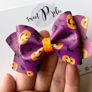 Pumpkins and Bats Print Faux Leather + Glitter Hair Bow //  Halloween Headband Hair Clip // Girls Toddler Baby Bow Headband